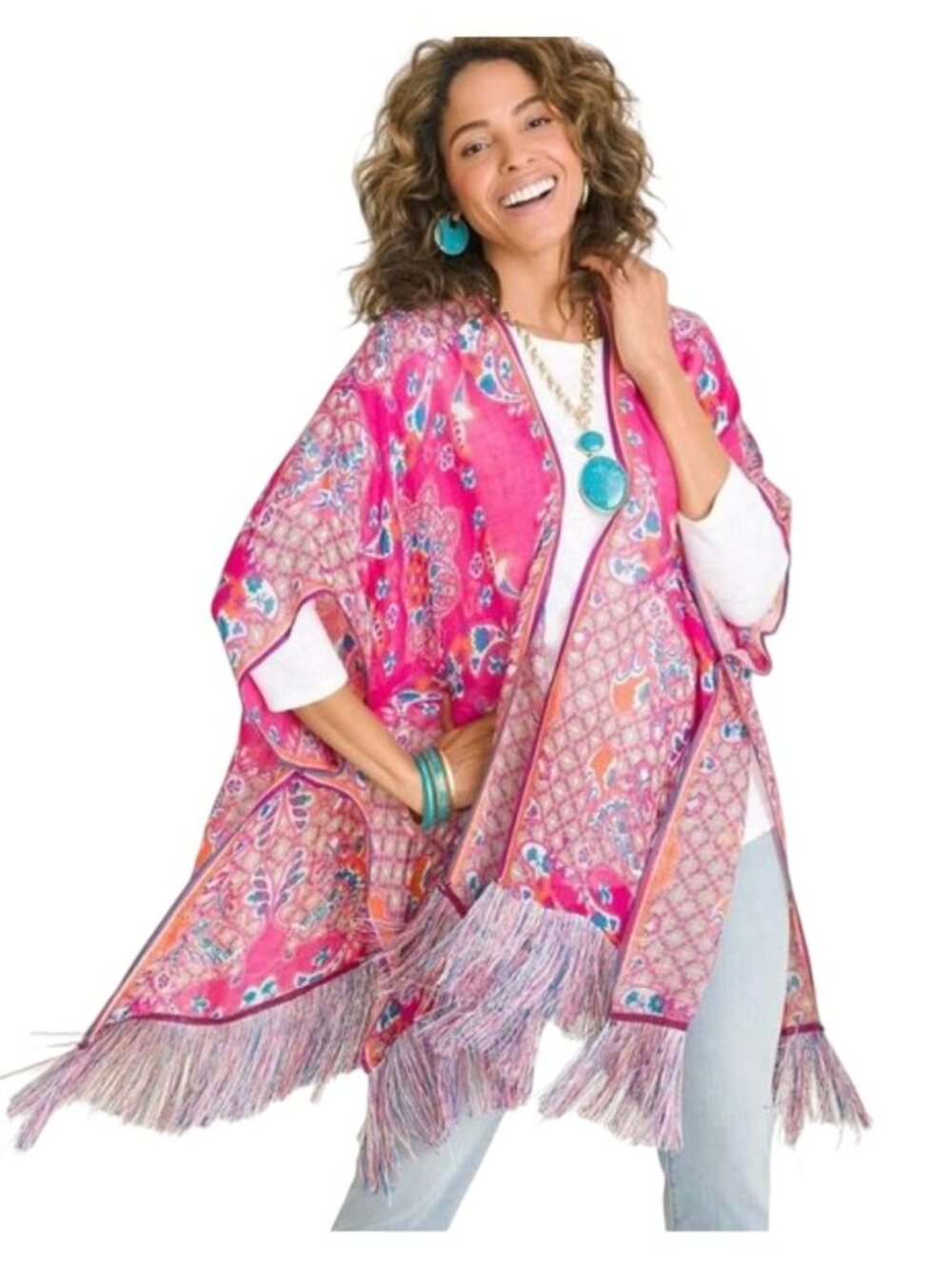 Chico's Kimono Cardigan With Fringe Hem Open Front - Size S/M